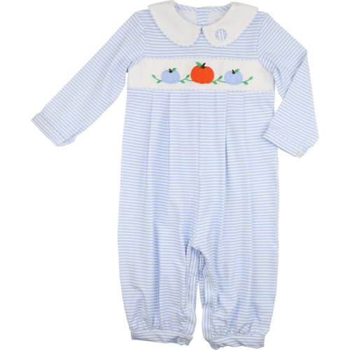 Blue Striped Knit Applique Pumpkins Long Romper