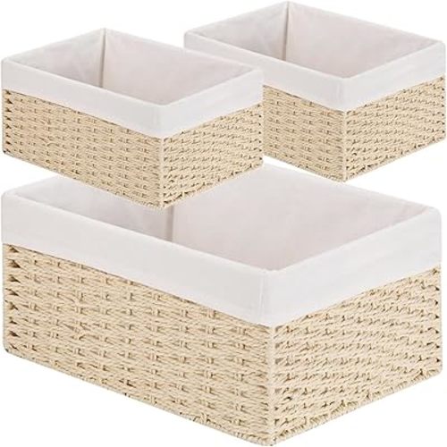 Vagusicc Wicker Basket, Set of 3 Hand-woven Storage Baskets for Organizing, Decorative Bathroom Wicker Storage Basket Bins with Handles, Small Toilet Paper Storage Baskets for Shelves & Decor, Beige