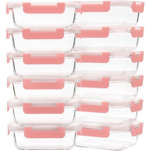 Glass Meal Prep Containers 12-Pack, 22oz Glass Food Storage Containers with Lids, Air-Tight, Leak-Resistant, Freezer to Microwave Safe-Pink Set