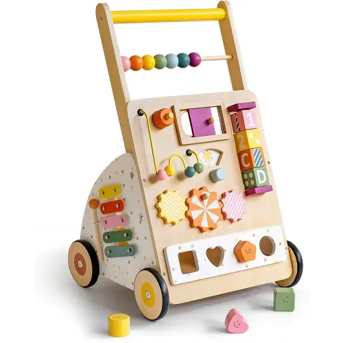 Wooden Baby Walker with Activity Center – Montessori Push Walker Toys for Boys & Girls 18 Months+ – Educational Toddler Learning Walker with 10-in-1 Sensory Games