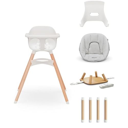 Lalo The 3-in-1 High Chair Kit - Convertible Wooden High Chair for Babies & Toddlers with Infant Support, Cushion, Booster Conversion Kit & Play Legs, Adjustable Footrest - Coconut
