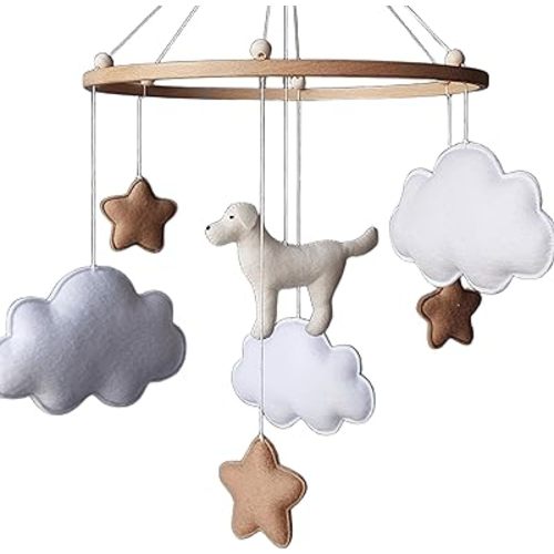 Dog Baby Mobile - Neutral Cloud and Star Crib Mobile for Nursery - Felt Baby Crib Decor for Boys & Girls - Dog Mum Gift - Gender Neutral Baby Shower Gift