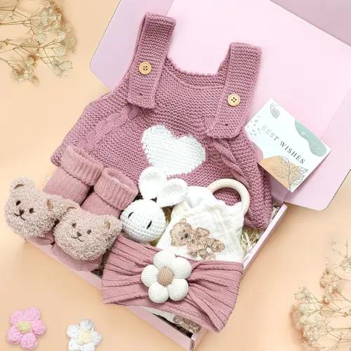 Baby Gift Set for Newborn Baby Shower Gifts Basket Pink New Born Essentials with Knitted Sweater Infant Rattle Toy Socks Bear Blanket Flower Headband Greeting Box for Babies Girls Gender Reveal Party