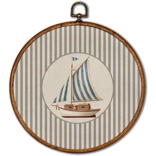 KSDUT Vintage Sailboat Wall Art Decor - Retro Sports Trendy Wall Art Canvas Frame Hanging Prints, Nursery Sports Gallery Round Artwork Decor for Home Kids Boys Room Decorations 10"x10"