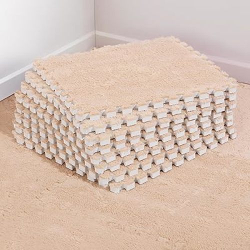 12 pcs Thickened Plush Foam Interlocking Floor Mat, Interlocking Foam Tiles with Edgings for Kids, Soft Anti-Slip Puzzle Area Square Rug Playmat for Children Room Bedroom(11.8", Light Brown)