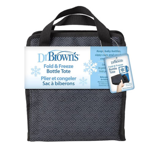 Dr. Brown's Fold & Freeze Bottle Tote, Travel Baby Bottle Insulated Cooler Bag, Store Up to 6 Baby Bottles, Black, BPA Free