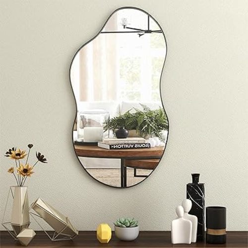 SHYFOY Irregular Decorative Wall Mirror, 20"x32" Black Asymmetrical Mirrors with Metal Frame for Wall Decor, Wavy Wall Mirror for Living Room Abstract Mirror
