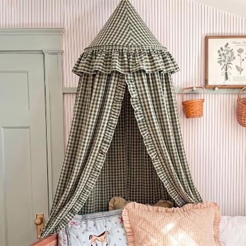 SmoothNovelty Gingham Plaid Bed Canopy, Green Yellow, Round