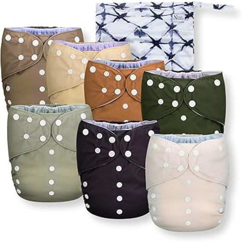 Nora's Nursery Large Pocket Cloth Diaper 7 Pack for Toddlers 35 to 55lbs with 1 Wet Bag - Waterproof Cover, Washable, Reusable & One Size Adjustable - Down to Earth
