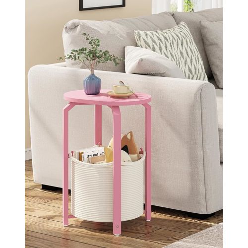 TUTOTAK Small Side Table, Round End Table, Night Stand, Bedside Table, Sofa Table with Storage Basket, Living Room, Bed Room, Pink TB01BP092