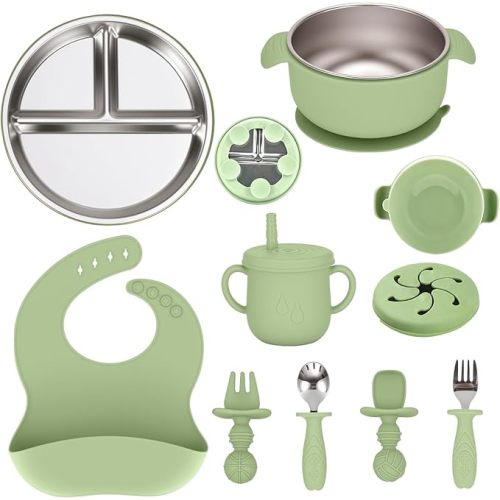 Stainless Steel Baby Plates and Bowls Set with Removable Silicone Suction Easy Clean Baby Feeding Set with Toddler Stainless Steel Kids Spoon Fork and Silicone Cup Bib Toddler Cutlery(Green