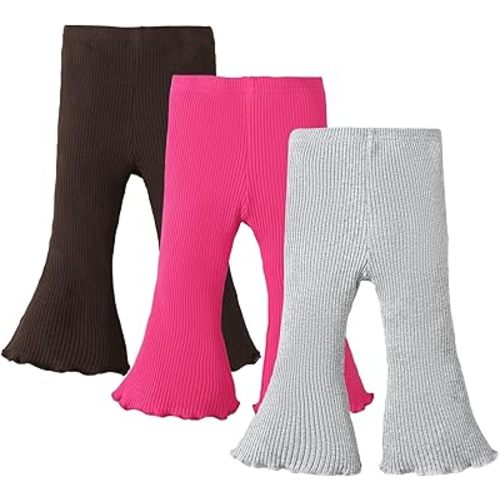 SOBOWO Baby Girl Flare Pants 3 Pack Toddler Solid Ribbed Ruffle Bell Bottoms Pants Trousers Fall Outfits