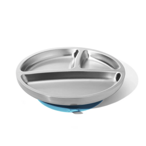 Avanchy Stainless Steel Suction Toddler Plate - Blue | Traveling Tikes