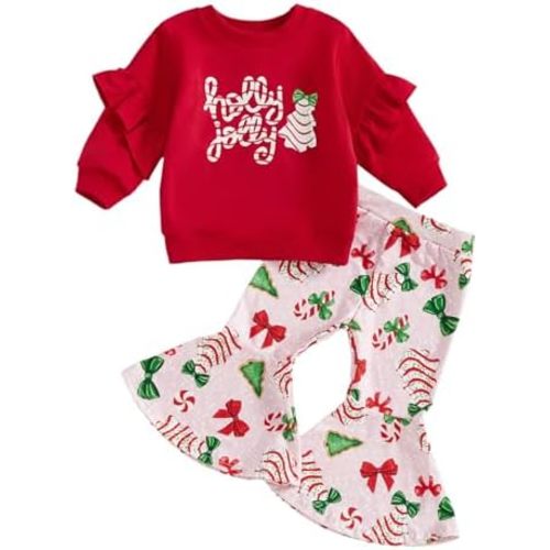 Toddler Girl Christmas Outfit Embroidery Bow Christmas Tree Shirt Flare Pant Christmas Clothes 12M 18M 2T 3T 4T 5T