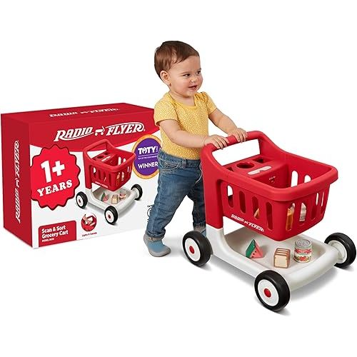 Radio Flyer Toddler Shopping Cart Walker with Wheels, Lights, and Sound for Ages 1+, Educational and Imaginative Play and Walk Behind