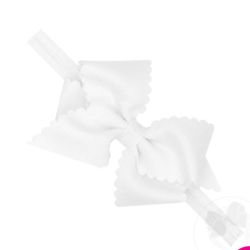 Extra Small Scalloped Edge Grosgrain Hair Bow on Matching Elastic Band - WHITE / NEWBORN (0-6 MONTHS) | Wee Ones Hair Bows & Accessories