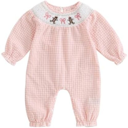 Kayotuas Newborn Baby Girl Christmas Outfit Santa Ruffle Sleeve Bubble Romper Smocked Jumpsuit Bodysuit Fall Winter Clothes