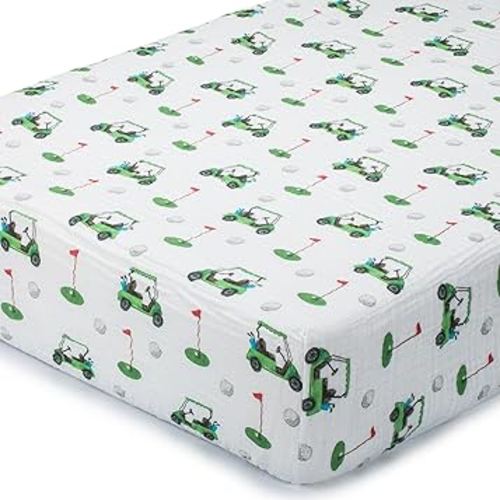 LollyBanks Muslin Crib Sheet 1 Pack, 100% Cotton Neutral Baby Crib Sheet for Standard 52"x28" Mattress, Soft Baby Fitted Sheets for Boys and Girls, Infant Bedding Essentials (Golf Cart Print)