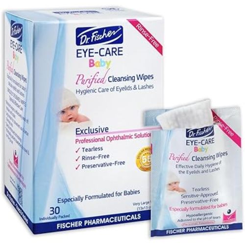 Purified, Non Irritating, Tear Free, Hypoallergenic & Sensitive Approved Baby Eyelid Wipes by Dr. Fischer – Pre-moistened, Rinse Free and Pediatrician Recommended - (30)