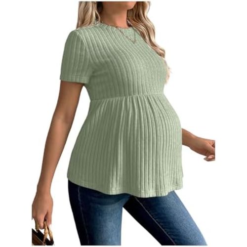 Women's Ruffle Hem Maternity T Shirt Short Sleeve Crewneck Ribbed Knit Peplum Tee Tops
