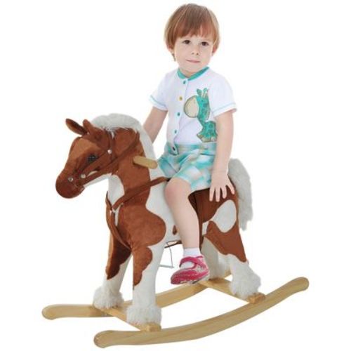 Qaba Kids Plush Ride-On Toy Rocking Horse Toddler Plush Animal Rocker with Nursery Rhyme Music - Light Brown / White