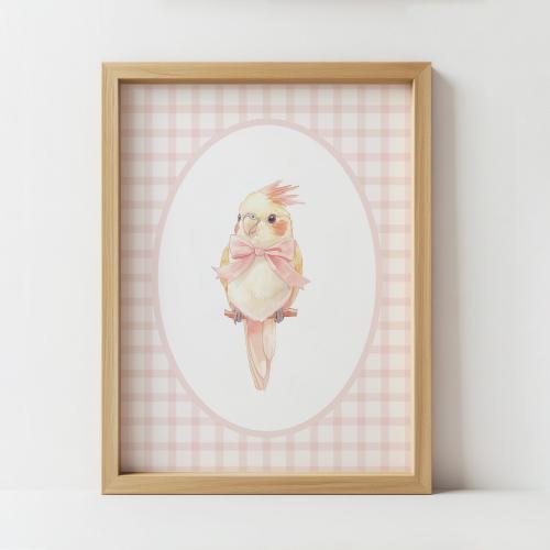 Cockatiel Watercolor Print, Pink Bow, Nursery Art (Digital Download)