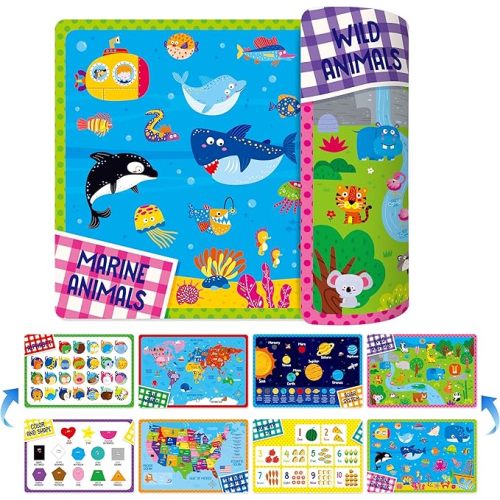 4 Pack Placemats for Kids, Non-Slip Washable Table Mats, Double-Sided Reusable Universe, Alphabet, Numbers, Map of USA & World Educational Placemats for Home, Kindergarten, Classroom, Nursery
