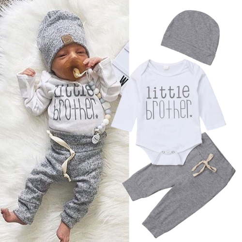 Qtinghua 3Pcs Newborn Baby Boy Clothing Little Brother Romper Bodysuit + Long Pants + Hat Outfits Gray 3-6 Months