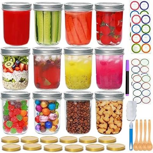 16oz Mason Jars,Canning Jars with Lids,(12pack) Overnight Oats Containers with Lid, Quart Jars with Lids,Clear Glass Pint Jars with Sticker and Spoon for Jam, Wedding Favors, Sauces, DIY, Candies