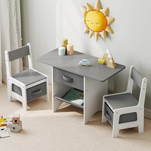 HOOBRO Toddler Table and Chair Set, 3 in 1 Wooden Kids Table and Chair Set, 3 Fabric Drawers and 2 Chairs with Storage, for Kids Gift, for Home, Playroom, White and Gray WG01KT01