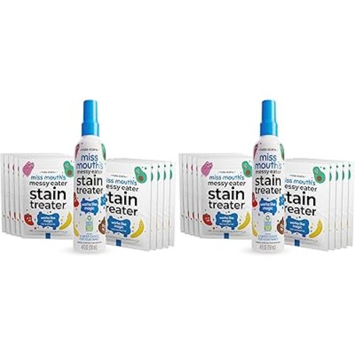 Miss Mouth's Messy Eater Stain Treater Spray - 4oz & 10 Wipes Stain Remover - Newborn & Baby Essentials - No Dry Cleaning Food, Grease, Coffee Off Laundry, Underwear, Fabric (Pack of 2)