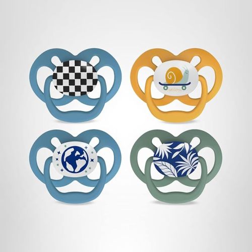 Dr. Brown's Advantage Glow-in-the-Dark Baby Pacifier, Fully Symmetrical Soother with Soft Silicone Bulb, Skateboard Snail-Blue Nature, 6-18m, BPA Free, 4 Pack