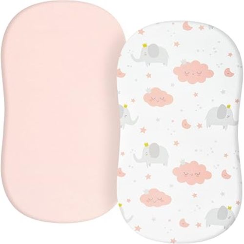 TILLYOU Baby Bassinet Sheets for Girls Boys 2 Pack Baby Sheets for Square Rectangle Oval Bassinet Mattress 33X16 Inch, Elephant & Cloud Pink