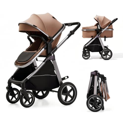 2-in-1 Convertible Baby Stroller, 0-36M Reversible Fully Reclining Seat, One-Hand Fold, All-Wheel Suspension, 5-Point Harness, Khaki