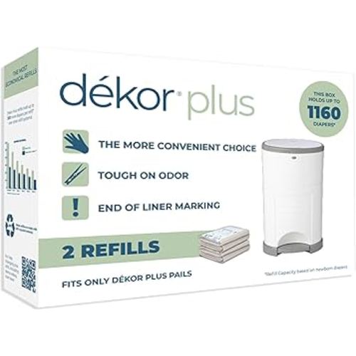 Diaper Dekor Plus Diaper Pail Refills | 2 Count | Most Economical Refill System | Quick & Easy to Replace | No Preset Bag Size Use Only What You Need | Exclusive End-of-Liner Marking