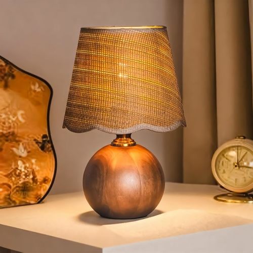 11.4" Modern Wooden Bedside Table Lamp, Small Nightstand Desk Lamp with Fabric Shade, Warm Ambient Light, Dimmable E26 Socket with Bulb Included for Bedroom Living Room (Fabric)