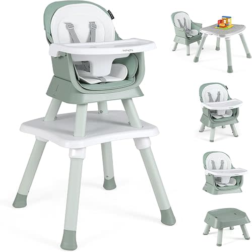 BABY JOY Baby High Chair, 8 in 1 Convertible Highchair for Babies & Toddlers | Booster Seat | Table and Chair Set | Building Block Table | Toddler Chair with Safety Harness, Removable Tray (Green)