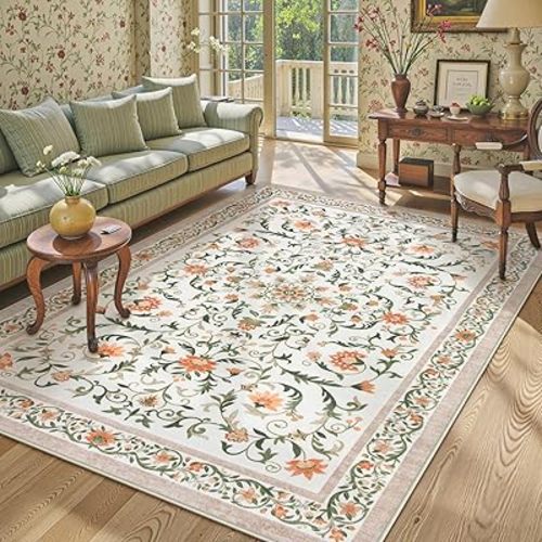 Lahome 5x7 Washable Floral Rugs Orange Vintage Flower Low Pile Non Slip Large Carpet Rugs for Living Room Girls Bedroom Boho Cottage Core Area Rugs for Kids Playroom Farmhouse Dining Room