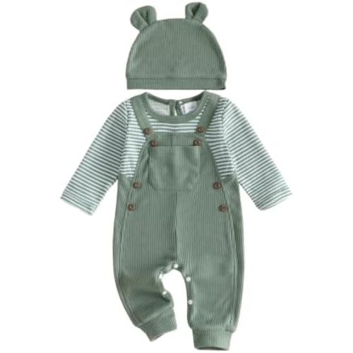 Newborn Baby Boy Clothes Waffled Long Sleeve Striped Jumpsuit Hat Fall