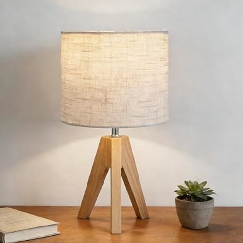 Tripod Table Lamp, Small Bedside Night Stand Lamp with 3 Colors, Decorative Lamp for Bedroom, Nursery, Living Room (Bulb Included) (Natural Wood)