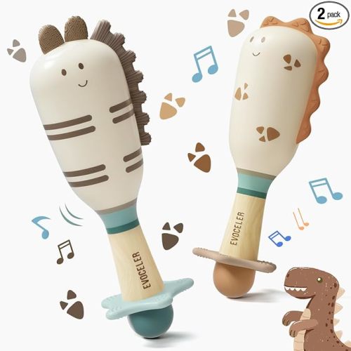 Evoceler Baby Rattles, 2 Pac Dinosaur Rattles & Shaker Toys with Teether, Baby Maracas Sensory Toys for 0+M Babies, Soft Silicone BPA Free, Perfect Size for Grasp, Ideal Baby Boy Girl Toy Gift