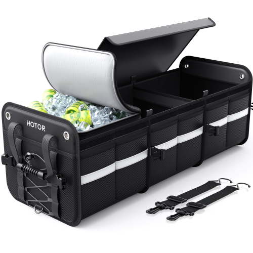 HOTOR Trunk Organizer, 3-Compartment Collapsible Car Organizer and Storage Solution with Cooler Bag, Portable Car Trunk Organizer for SUV, Truck, Sedan, 33.1" x 13" x 11.8", Black