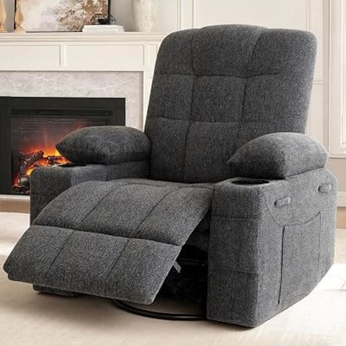Swivel Rocker Recliner Chair,Recliner Single Sofa with Cup Holders, Manual Nursery Rocking Chair with Side Pockets, Modern Recliner for Living Room,Apartment,Home Theater(Dark Gray)