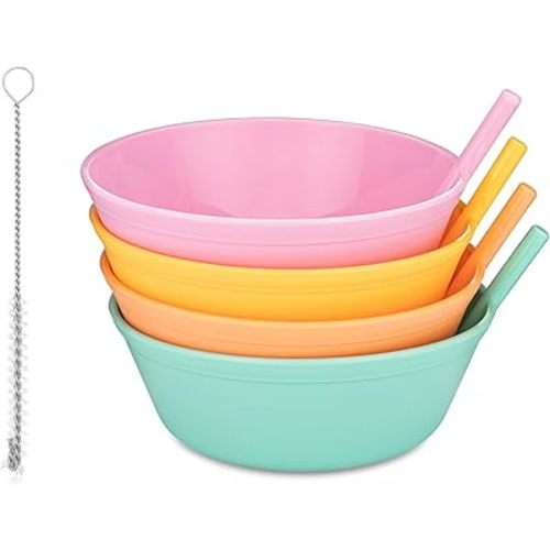 Cereal Bowls with Straws for Kids Bowls with Straw Built in for Kids Plastic Straw Bowls for Toddlers Dishwasher Safe BPA FREE for girls