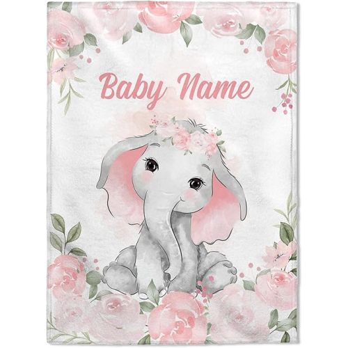 FLOCHIL Personalized Baby Blanket for Girls, Custom Baby Blanket with Name, Customized Elephant Baby Blanket, Gift for Baby Shower, Toddler, Babies, Newborn