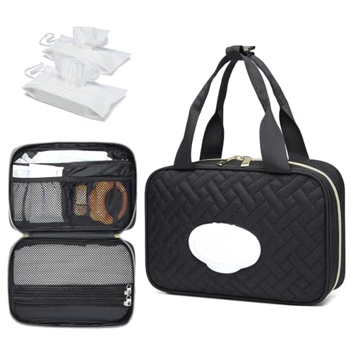 Fwkekye Diaper Bag Organizer with 2 Pieces Wipes Dispensers, Portable Stroller Mini Diaper Bag Pouches Travel Gear, Foldable Newborn Baby Essentials, Small Clutch, Black