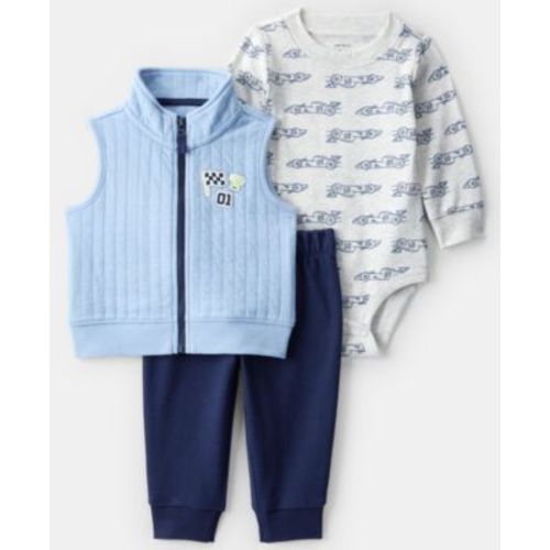 Baby Boys' Race Car Quilted Sleeveless Vest, Bodysuit and Pants, 3-Piece Set