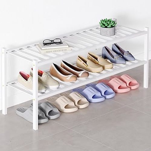Smiry Bamboo Shoe Rack for Closet, 2 Tier Long Wooden Stackable Shoe Organizer, Free Standing Shoes Storage Shelf for Entryway, Front Door Entrance, White
