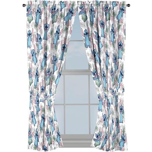 Jay Franco Window Curtains for Kids Bedroom 4-Piece Drape Set with 2 Tiebacks, Multi - Lilo & Stitch, 42" W x 63" L (Pack of 2)
