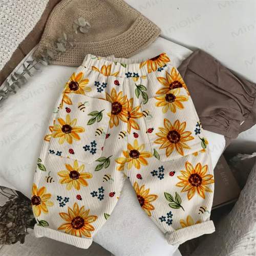 Baby Toddler Sunflower and Bee Print Beige Cord Pants